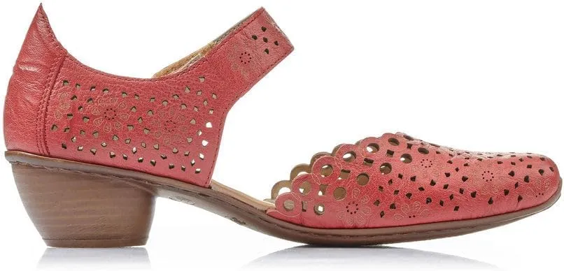 Rieker 43753 Mirjam Women's Mary Jane Heels - Low-Heel Leather Shoes with Adjustable Ankle Strap & Laser-Cut Design - Comfortable Women’s Heels for Casual & Dressy Wear