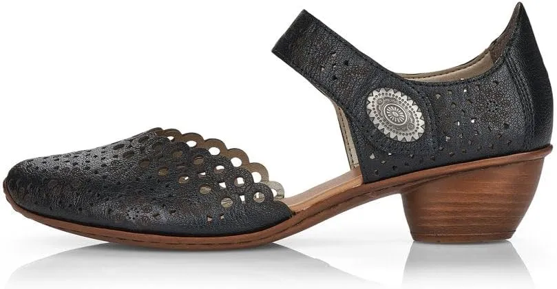 Rieker 43753 Mirjam Women's Mary Jane Heels - Low-Heel Leather Shoes with Adjustable Ankle Strap & Laser-Cut Design - Comfortable Women’s Heels for Casual & Dressy Wear