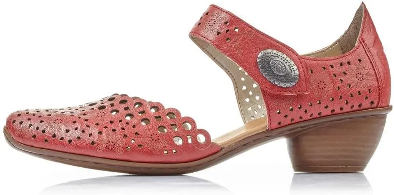 Rieker 43753 Mirjam Women's Mary Jane Heels - Low-Heel Leather Shoes with Adjustable Ankle Strap & Laser-Cut Design - Comfortable Women’s Heels for Casual & Dressy Wear