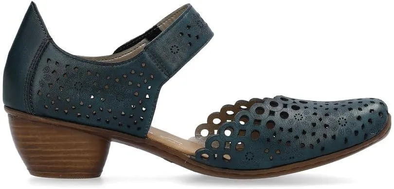 Rieker 43753 Mirjam Women's Mary Jane Heels - Low-Heel Leather Shoes with Adjustable Ankle Strap & Laser-Cut Design - Comfortable Women’s Heels for Casual & Dressy Wear
