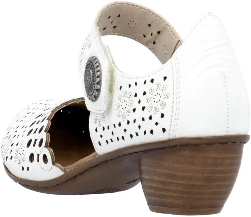 Rieker 43753 Mirjam Women's Mary Jane Heels - Low-Heel Leather Shoes with Adjustable Ankle Strap & Laser-Cut Design - Comfortable Women’s Heels for Casual & Dressy Wear