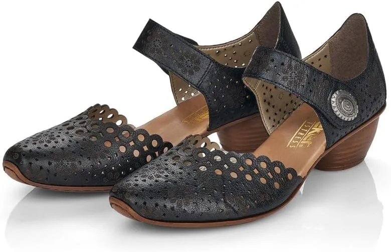 Rieker 43753 Mirjam Women's Mary Jane Heels - Low-Heel Leather Shoes with Adjustable Ankle Strap & Laser-Cut Design - Comfortable Women’s Heels for Casual & Dressy Wear