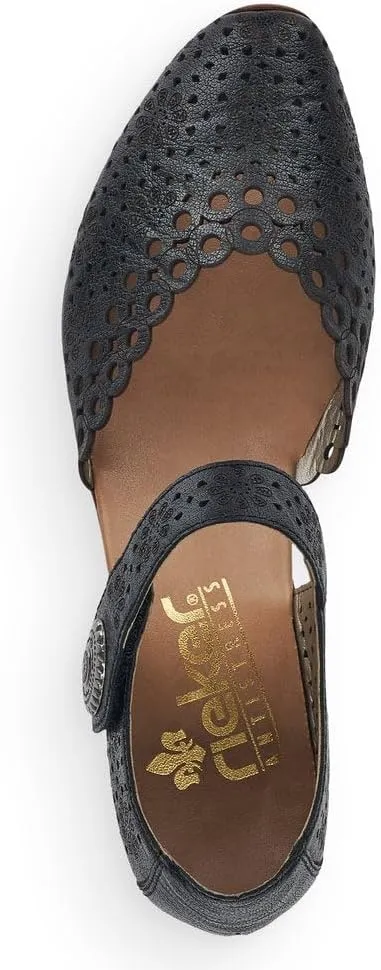 Rieker 43753 Mirjam Women's Mary Jane Heels - Low-Heel Leather Shoes with Adjustable Ankle Strap & Laser-Cut Design - Comfortable Women’s Heels for Casual & Dressy Wear