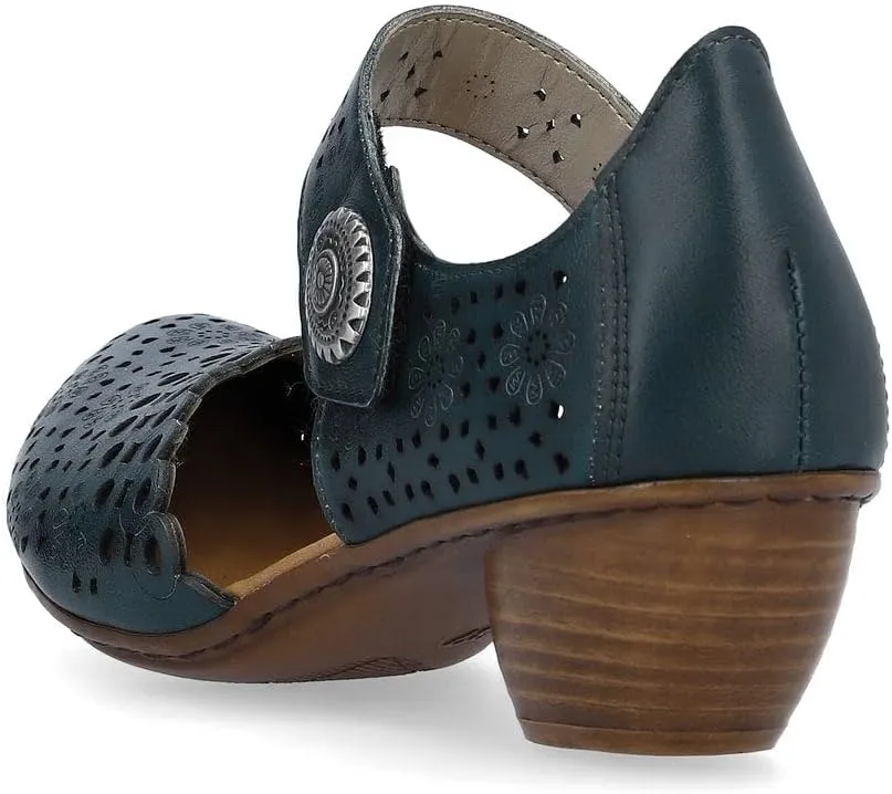 Rieker 43753 Mirjam Women's Mary Jane Heels - Low-Heel Leather Shoes with Adjustable Ankle Strap & Laser-Cut Design - Comfortable Women’s Heels for Casual & Dressy Wear