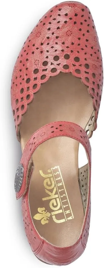 Rieker 43753 Mirjam Women's Mary Jane Heels - Low-Heel Leather Shoes with Adjustable Ankle Strap & Laser-Cut Design - Comfortable Women’s Heels for Casual & Dressy Wear