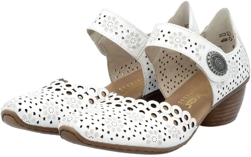 Rieker 43753 Mirjam Women's Mary Jane Heels - Low-Heel Leather Shoes with Adjustable Ankle Strap & Laser-Cut Design - Comfortable Women’s Heels for Casual & Dressy Wear