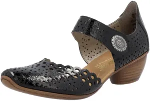 Rieker 43753 Mirjam Women's Mary Jane Heels - Low-Heel Leather Shoes with Adjustable Ankle Strap & Laser-Cut Design - Comfortable Women’s Heels for Casual & Dressy Wear