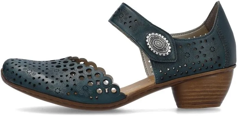Rieker 43753 Mirjam Women's Mary Jane Heels - Low-Heel Leather Shoes with Adjustable Ankle Strap & Laser-Cut Design - Comfortable Women’s Heels for Casual & Dressy Wear