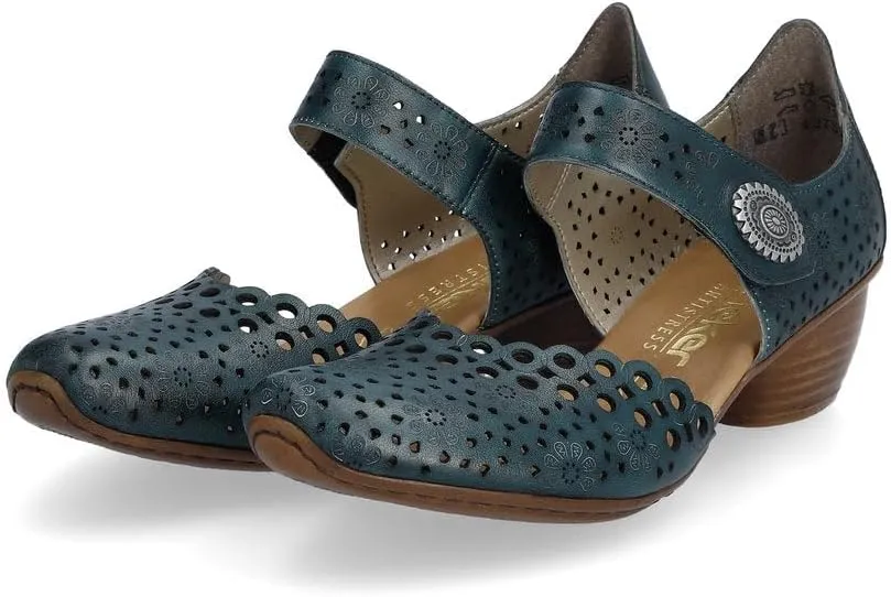 Rieker 43753 Mirjam Women's Mary Jane Heels - Low-Heel Leather Shoes with Adjustable Ankle Strap & Laser-Cut Design - Comfortable Women’s Heels for Casual & Dressy Wear