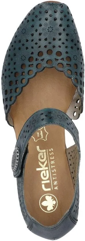 Rieker 43753 Mirjam Women's Mary Jane Heels - Low-Heel Leather Shoes with Adjustable Ankle Strap & Laser-Cut Design - Comfortable Women’s Heels for Casual & Dressy Wear