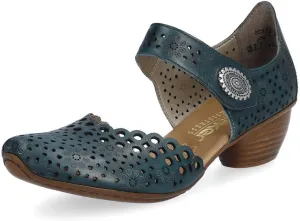 Rieker 43753 Mirjam Women's Mary Jane Heels - Low-Heel Leather Shoes with Adjustable Ankle Strap & Laser-Cut Design - Comfortable Women’s Heels for Casual & Dressy Wear