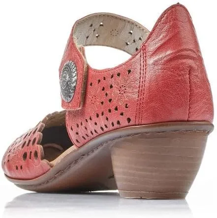 Rieker 43753 Mirjam Women's Mary Jane Heels - Low-Heel Leather Shoes with Adjustable Ankle Strap & Laser-Cut Design - Comfortable Women’s Heels for Casual & Dressy Wear
