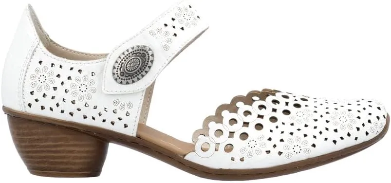 Rieker 43753 Mirjam Women's Mary Jane Heels - Low-Heel Leather Shoes with Adjustable Ankle Strap & Laser-Cut Design - Comfortable Women’s Heels for Casual & Dressy Wear