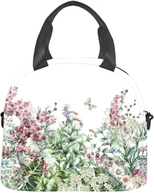 rim Border Herbs and wild flowers leaves Botanical Colorful white Insulated Adult Lunch Bag with Shoulder Strap for Women Lightweight Reusable Portable Freezable Lunch Tote Bag for Work Picnic