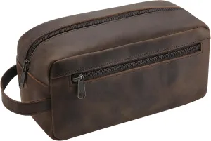 Ringsun Leather Travel Toiletry Bag for Men, Full Grain Leather Dopp Kit Shaving Bag Travel Organizer, Black Coffee