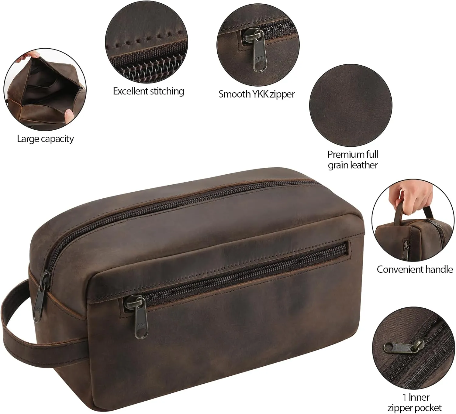 Ringsun Leather Travel Toiletry Bag for Men, Full Grain Leather Dopp Kit Shaving Bag Travel Organizer, Black Coffee