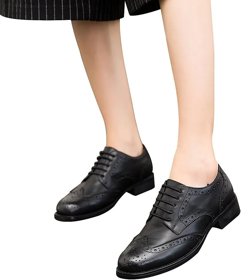 rismart Women's Brogue Pointed Toe Wingtips Work&Wedding Dress Leather Oxfords Shoes