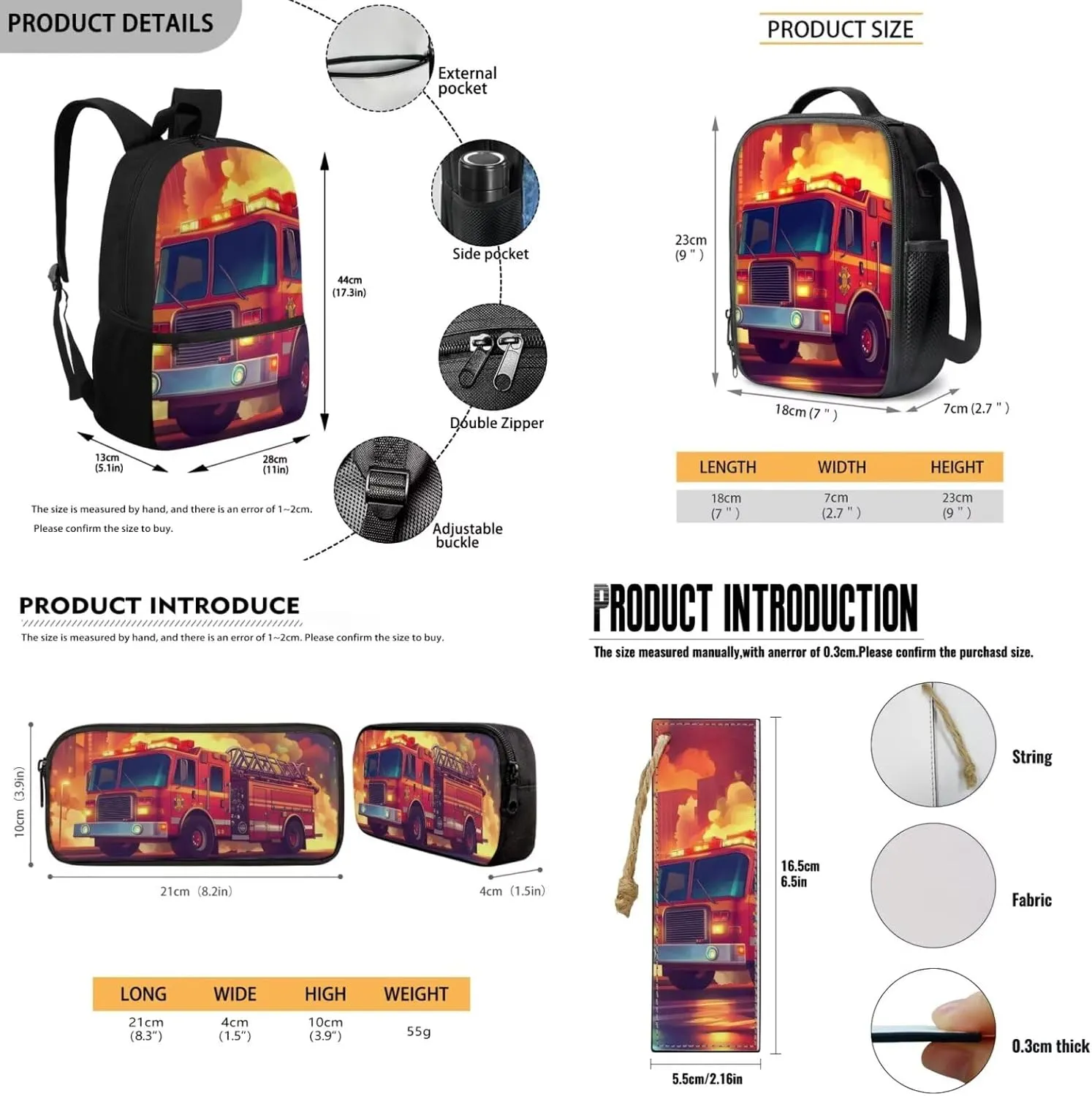 Rnyleeg Fire Truck Backpack for Boys with Lunchbox Elementary School Bags for Boys 15 Inch Bookbag Set 4 in 1 Back to School Gifts for Kids Casual Travel Ruscksack