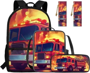 Rnyleeg Fire Truck Backpack for Boys with Lunchbox Elementary School Bags for Boys 15 Inch Bookbag Set 4 in 1 Back to School Gifts for Kids Casual Travel Ruscksack