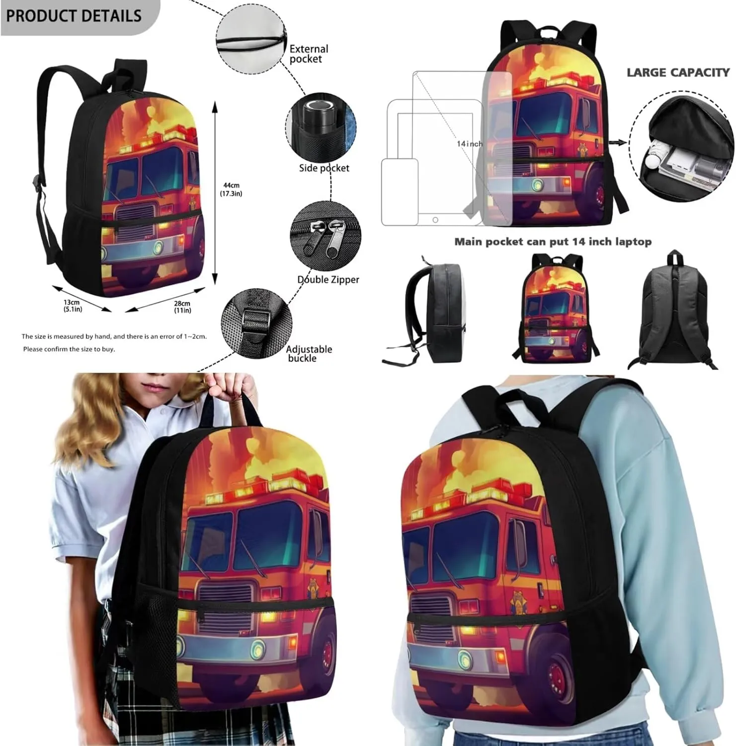Rnyleeg Fire Truck Backpack for Boys with Lunchbox Elementary School Bags for Boys 15 Inch Bookbag Set 4 in 1 Back to School Gifts for Kids Casual Travel Ruscksack