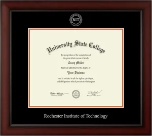 Rochester Institute of Technology 12" w x 10" h Diploma Frame - Fits bachelor's, master's, and pre-2018 phd - Gold Embossed Diploma Frame - Cherry Moulding with Black and Orange Matting