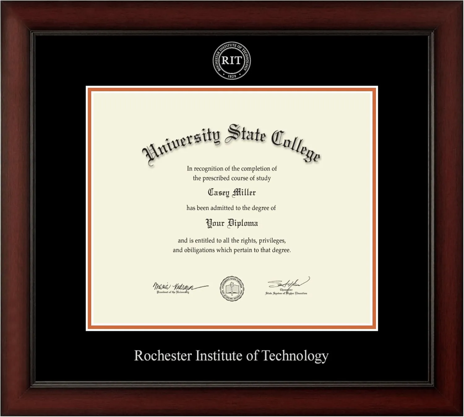 Rochester Institute of Technology 12" w x 10" h Diploma Frame - Fits bachelor's, master's, and pre-2018 phd - Gold Embossed Diploma Frame - Cherry Moulding with Black and Orange Matting
