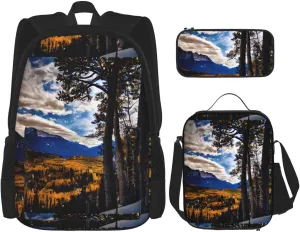 Rocky Mountain Range Print Unisex Stylish Travel Backpack Set With Insulated Lunch Bag,Adjustable Straps