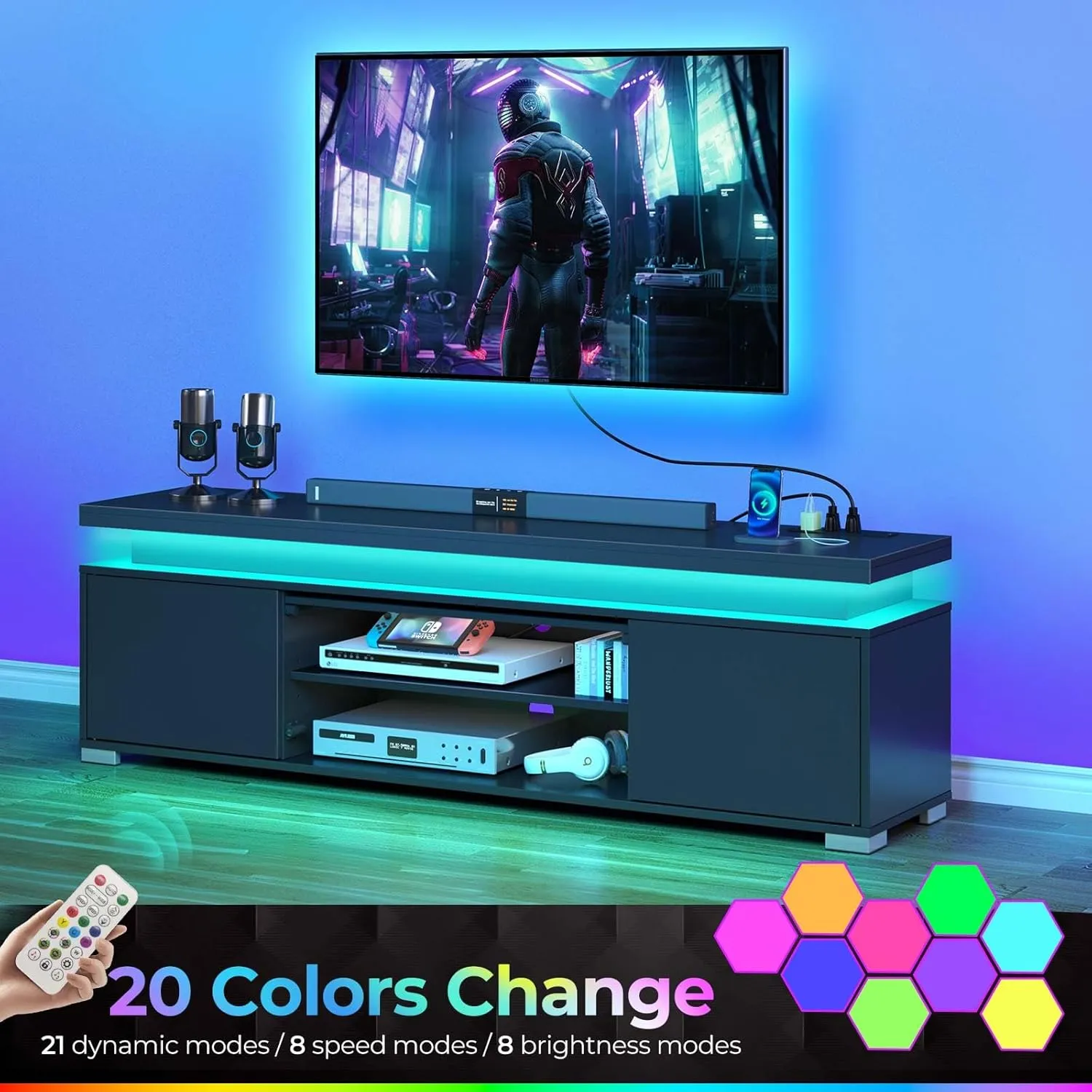 Rolanstar TV Stand with Power Outlet & LED Lights, Modern Entertainment Center for 32/43/50/55/65 Inchs TVs, TV Table, Universal Gaming LED TV Media Stand with Large Storage Cabinet, Black