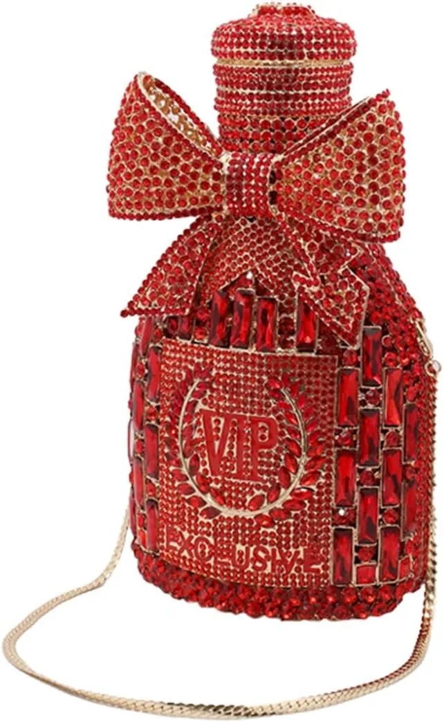 RomanticDesign Women Champagne Bottle Rhinestone Evening Clutch Bride Purse Chic Bowknot Crystal Handbag for Party Prom