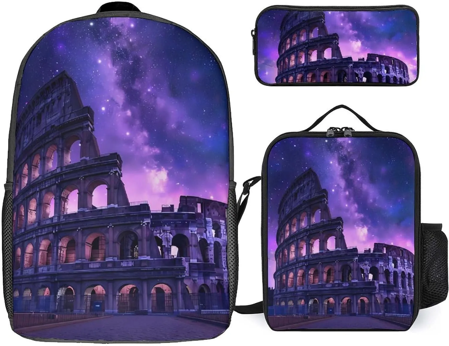 Rome Italy Famous Ancient Landmark 3PCS Backpack Set for Women Men 17 Inch Laptop Daypack with Lunchbag And Pencil Case