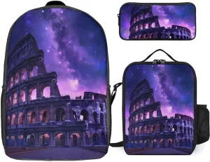 Rome Italy Famous Ancient Landmark 3PCS Backpack Set for Women Men 17 Inch Laptop Daypack with Lunchbag And Pencil Case