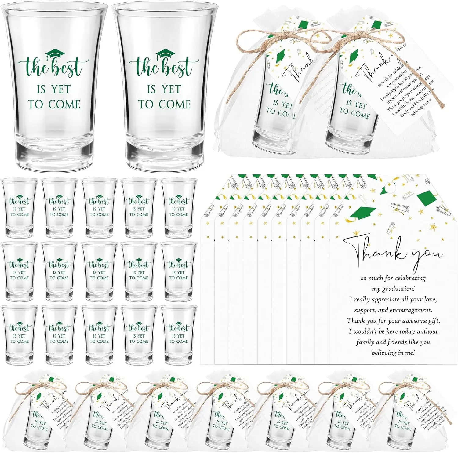 Roshtia 25 Set Graduation Gifts Party Favors Class of 2025 the Best Is Yet to Come Acrylic Shot Glasses with Thank You Cards and Organza Bags for High School College Grad Guests Return Gifts(Green)
