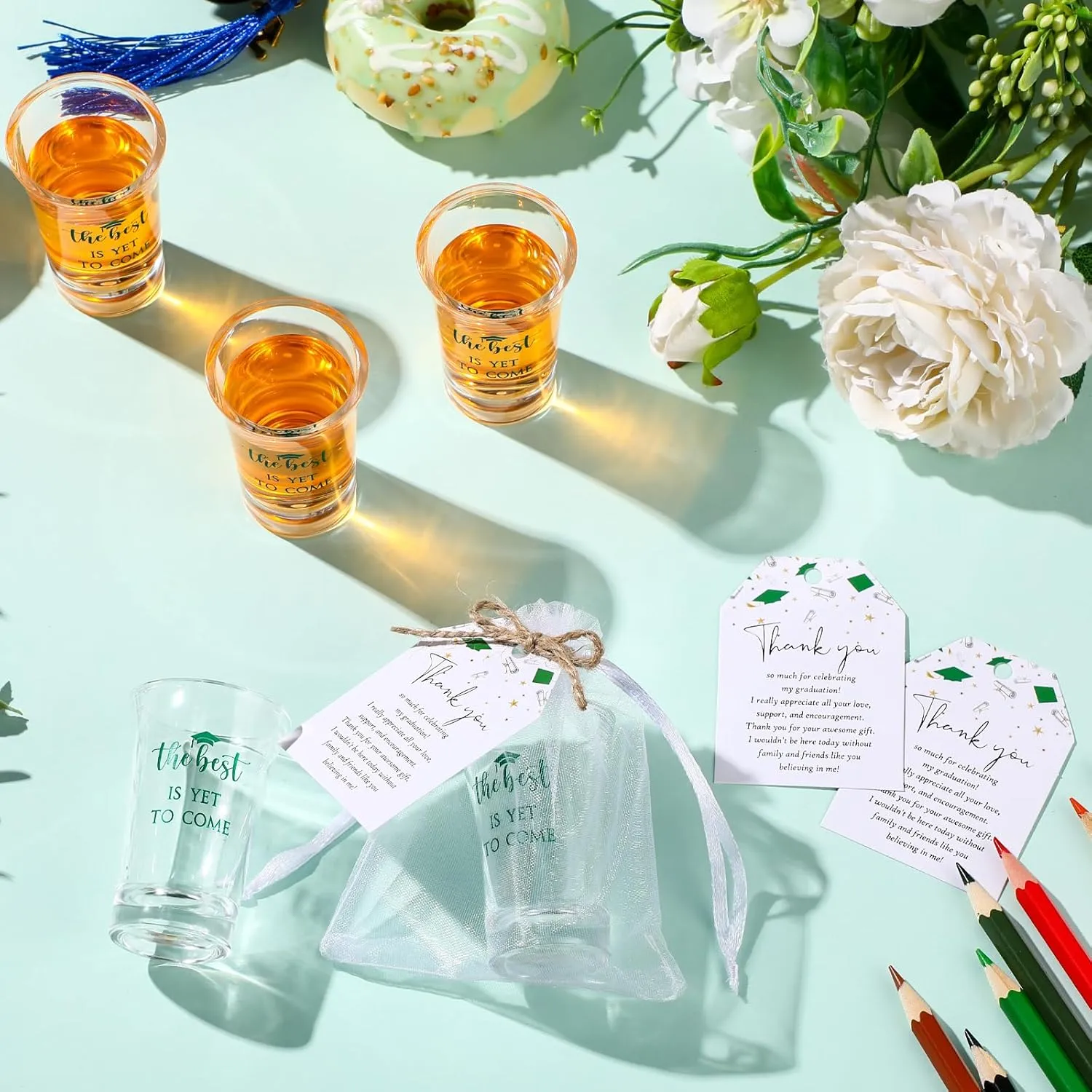 Roshtia 25 Set Graduation Gifts Party Favors Class of 2025 the Best Is Yet to Come Acrylic Shot Glasses with Thank You Cards and Organza Bags for High School College Grad Guests Return Gifts(Green)