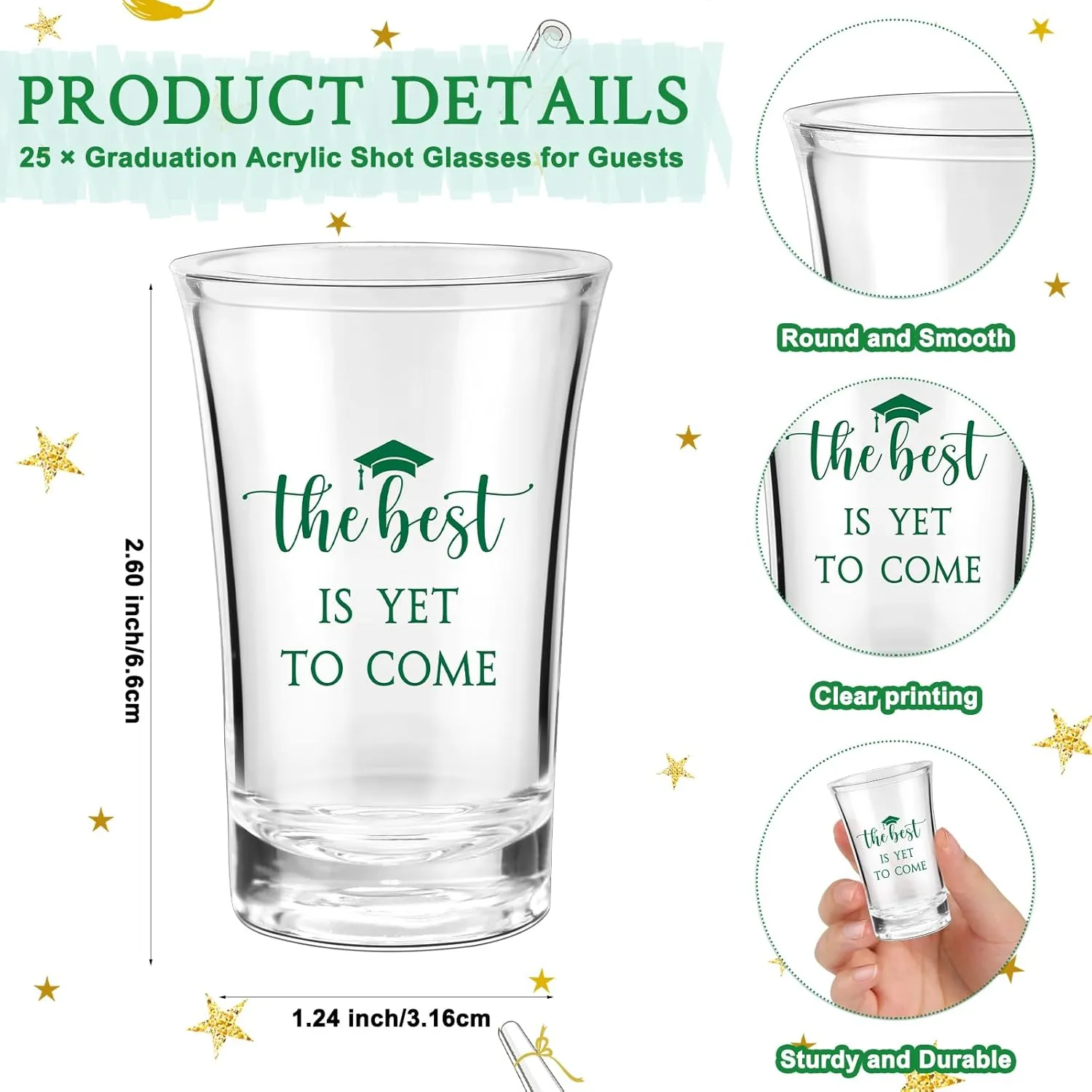 Roshtia 25 Set Graduation Gifts Party Favors Class of 2025 the Best Is Yet to Come Acrylic Shot Glasses with Thank You Cards and Organza Bags for High School College Grad Guests Return Gifts(Green)