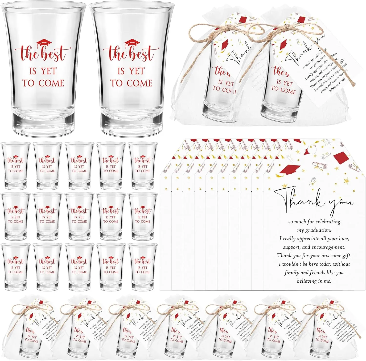 Roshtia 25 Set Graduation Gifts Party Favors Class of 2025 the Best Is Yet to Come Acrylic Shot Glasses with Thank You Cards and Organza Bags for High School College Grad Guests Return Gifts(Red)