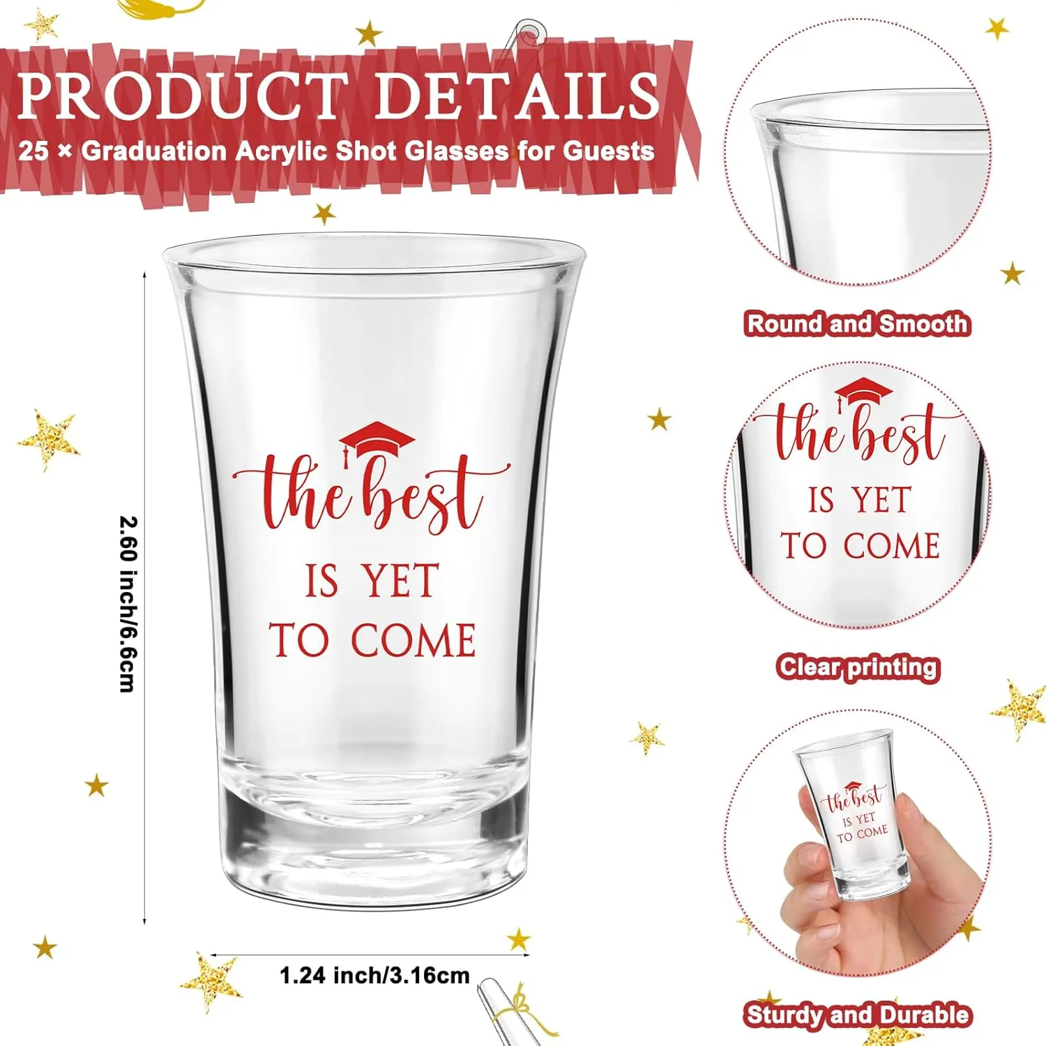 Roshtia 25 Set Graduation Gifts Party Favors Class of 2025 the Best Is Yet to Come Acrylic Shot Glasses with Thank You Cards and Organza Bags for High School College Grad Guests Return Gifts(Red)
