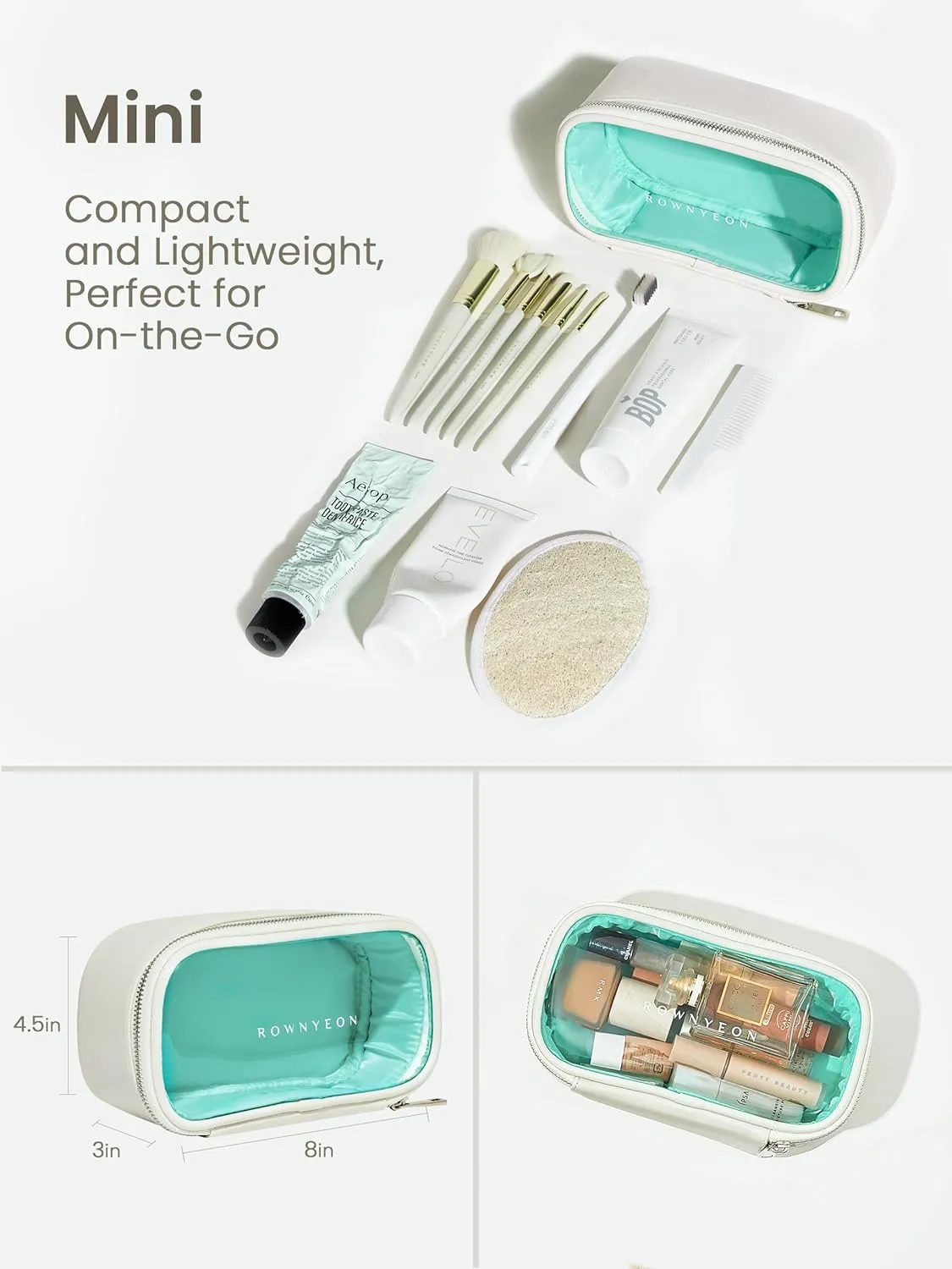 ROWNYEON Clear Makeup Bag,Leather Waterproof Cosmetic Bag,Travel Makeup Bag for Women,Portable Toiletry Bag Train Case with Zipper White(Small)