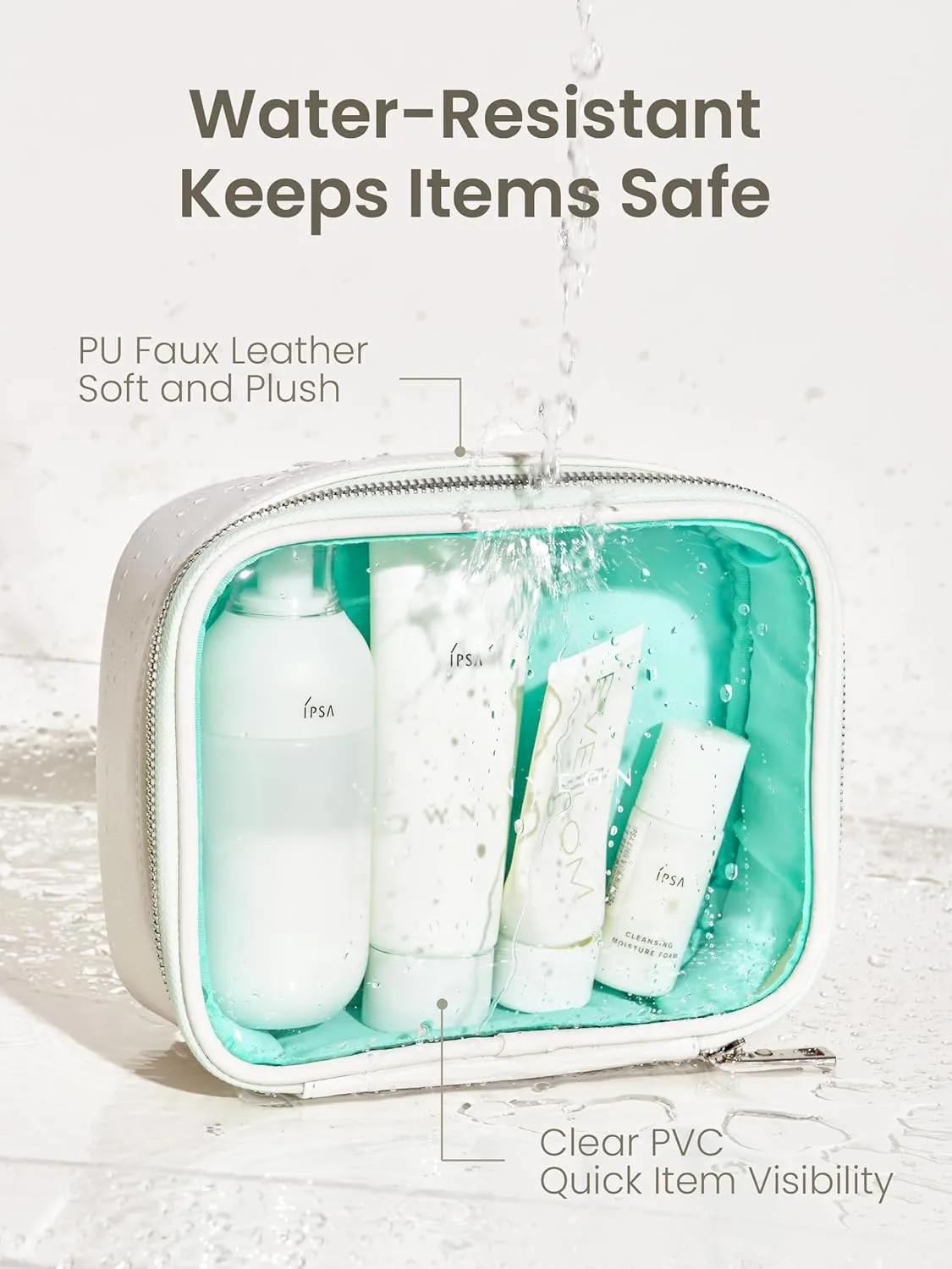 ROWNYEON Clear Makeup Bag,Leather Waterproof Cosmetic Bag,Travel Makeup Bag for Women,Portable Toiletry Bag Train Case with Zipper White(Small)