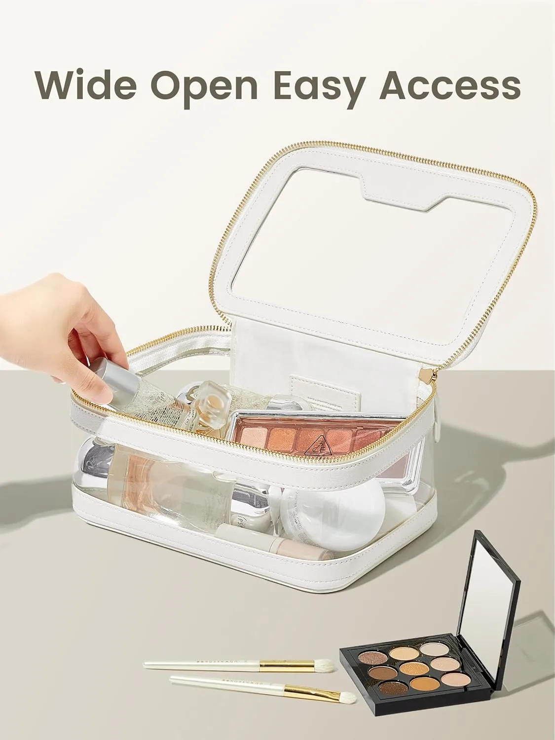 ROWNYEON Clear Makeup Bag,PVC Clear Toiletry Bag For Women,Waterproof Faux Leather Travel Makeup Bag with Handle Large Opening & Gold Zippers,Car Essentials for Women Gift
