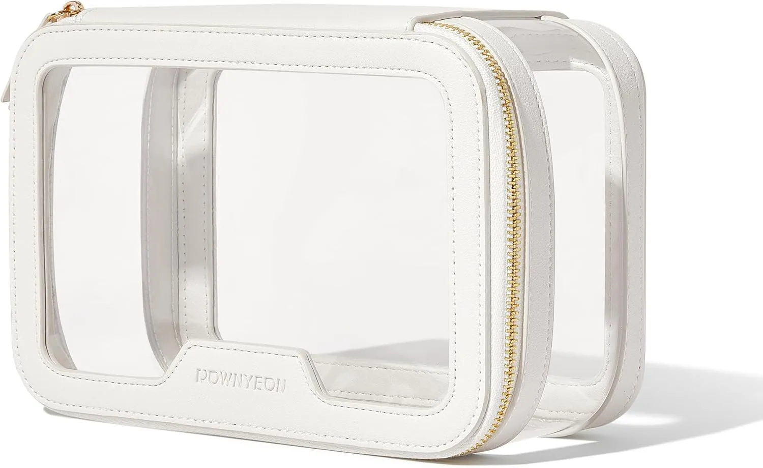 ROWNYEON Clear Makeup Bag,PVC Clear Toiletry Bag For Women,Waterproof Faux Leather Travel Makeup Bag with Handle Large Opening & Gold Zippers,Car Essentials for Women Gift