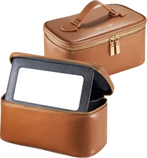 ROWNYEON Large Capacity Cosmetic Bags with Mirror for Women, Waterproof Leather Portable Toiletry Bag, Hard Shell Brushes Makeup Organizer Travel Essentials Makeup Case With Handle and Divider