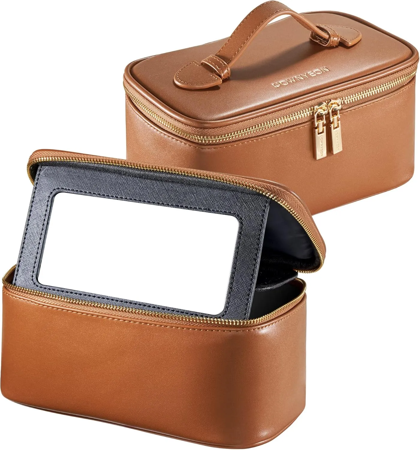 ROWNYEON Large Capacity Cosmetic Bags with Mirror for Women, Waterproof Leather Portable Toiletry Bag, Hard Shell Brushes Makeup Organizer Travel Essentials Makeup Case With Handle and Divider