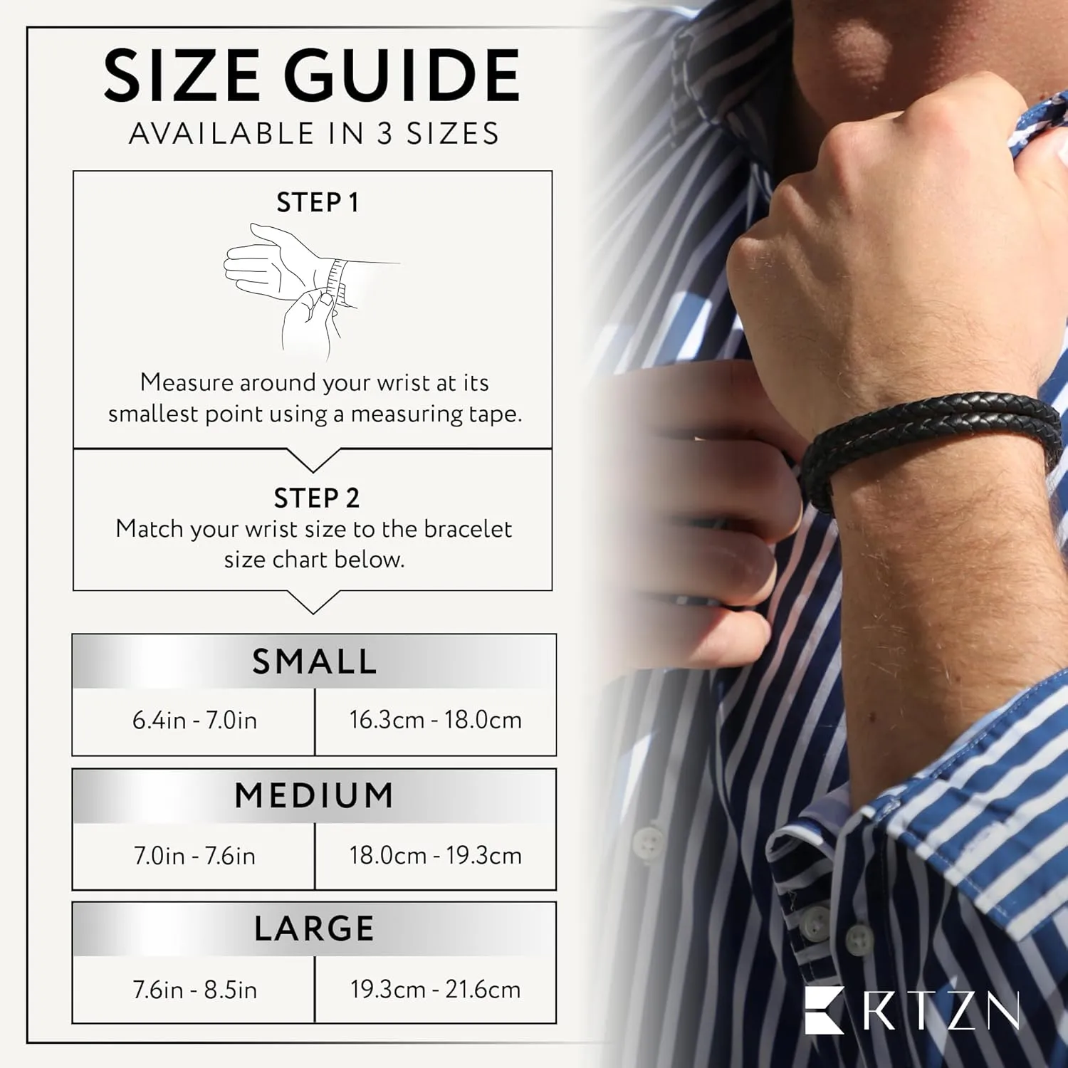 RTZN® Black Leather Bracelet for Men – Premium Artisan Handcrafted Double Strand Black Braided Leather Bracelet – (Medium)