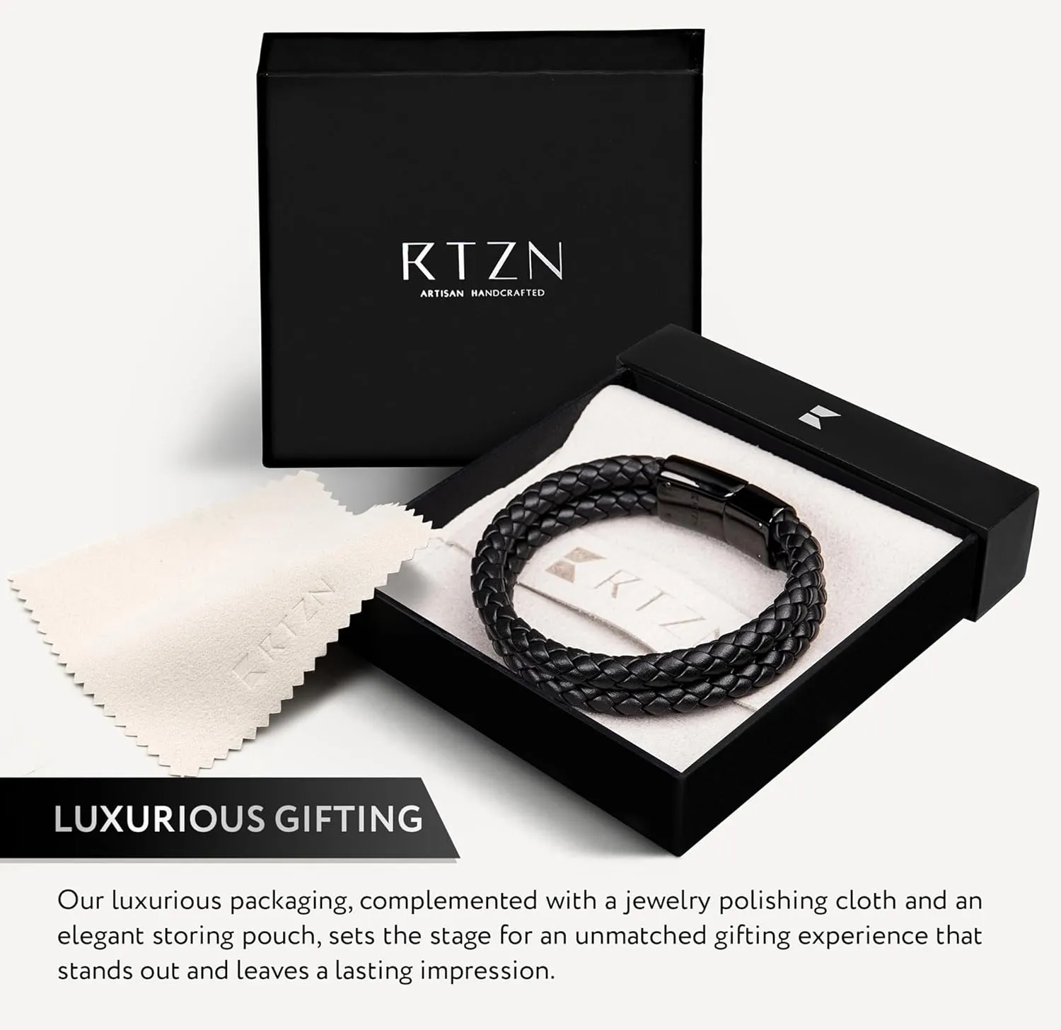 RTZN® Black Leather Bracelet for Men – Premium Artisan Handcrafted Double Strand Black Braided Leather Bracelet – (Medium)