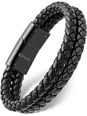 RTZN® Black Leather Bracelet for Men – Premium Artisan Handcrafted Double Strand Black Braided Leather Bracelet – (Medium)
