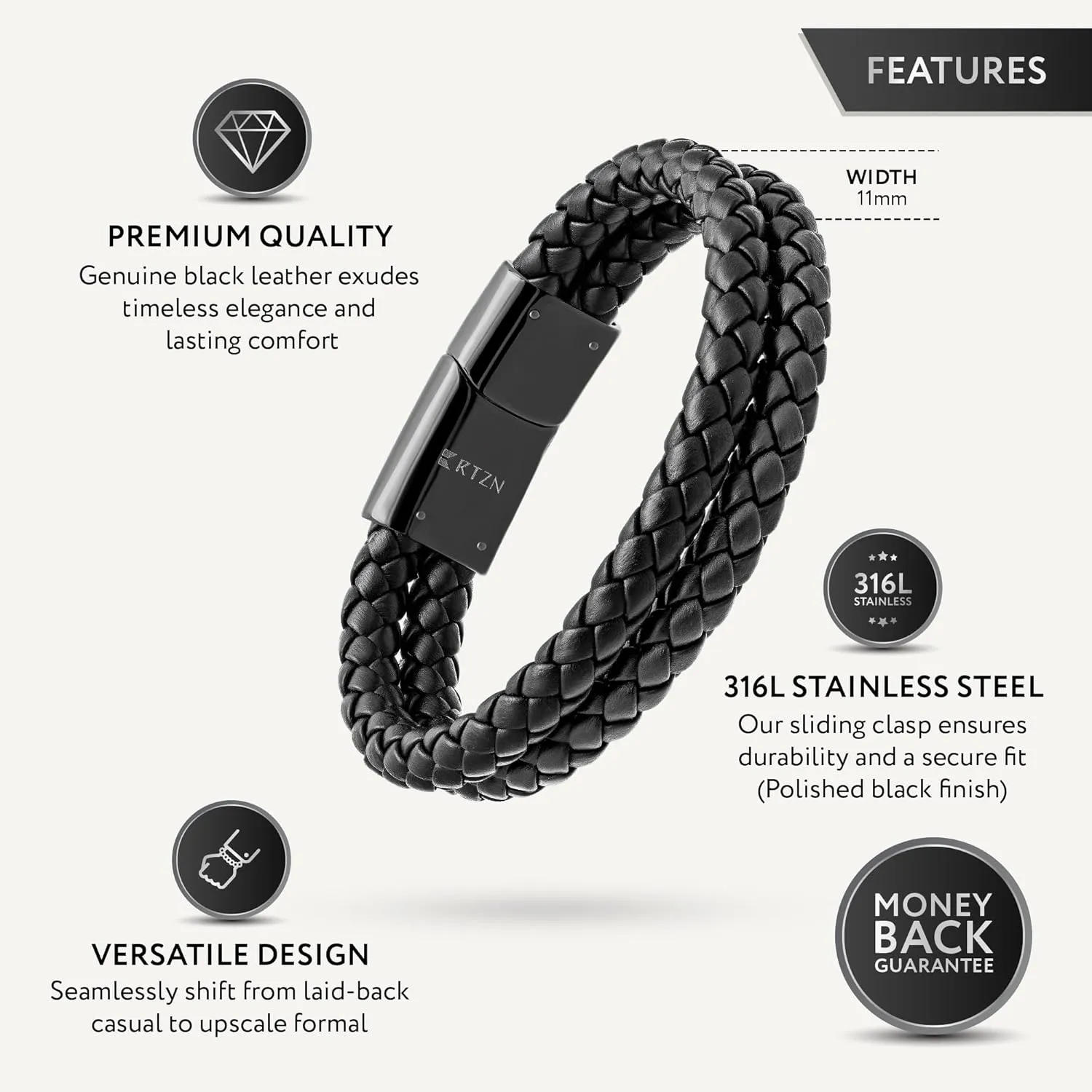 RTZN® Black Leather Bracelet for Men – Premium Artisan Handcrafted Double Strand Black Braided Leather Bracelet – (Medium)