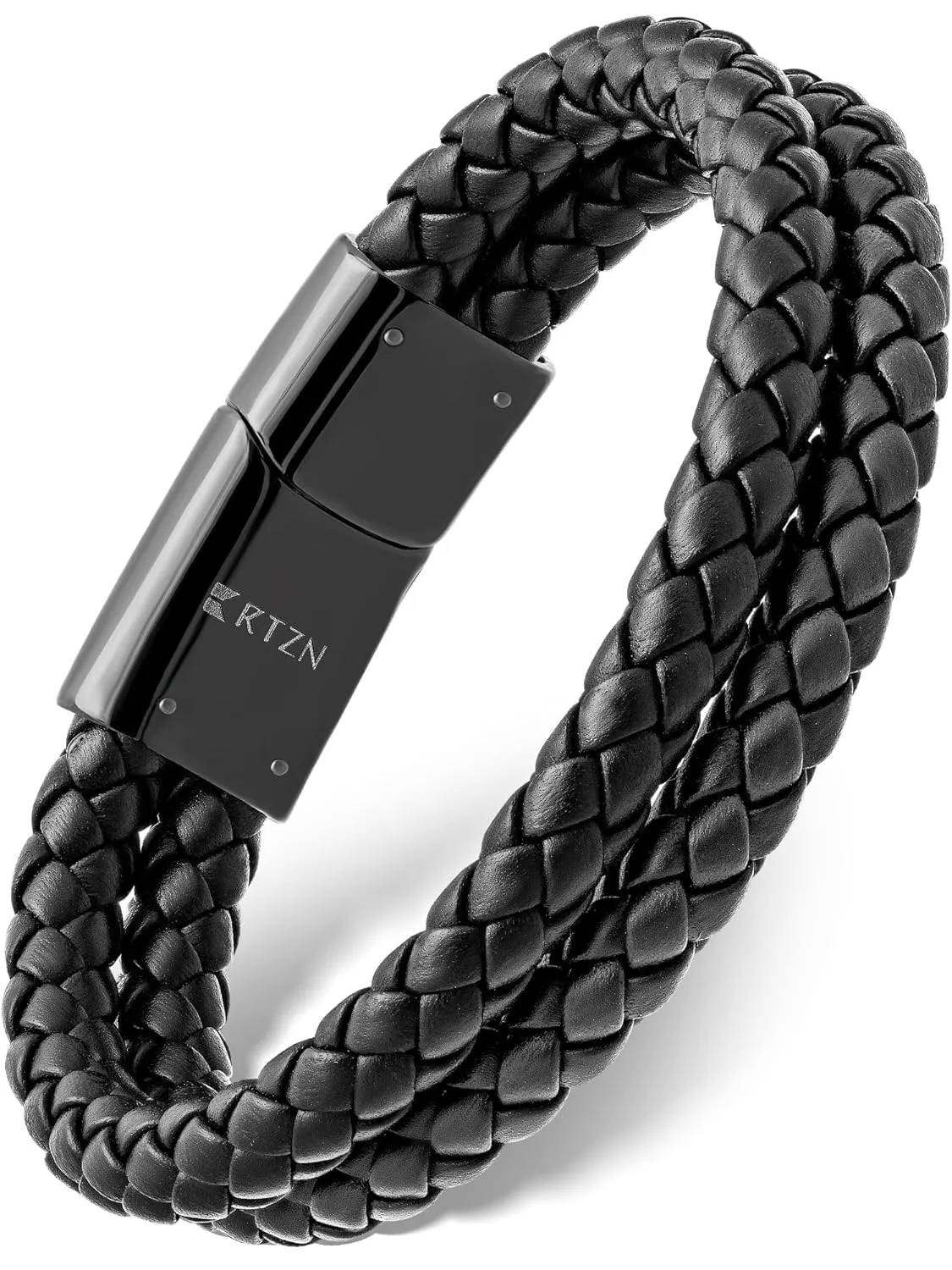 RTZN® Black Leather Bracelet for Men – Premium Artisan Handcrafted Double Strand Black Braided Leather Bracelet – (Medium)