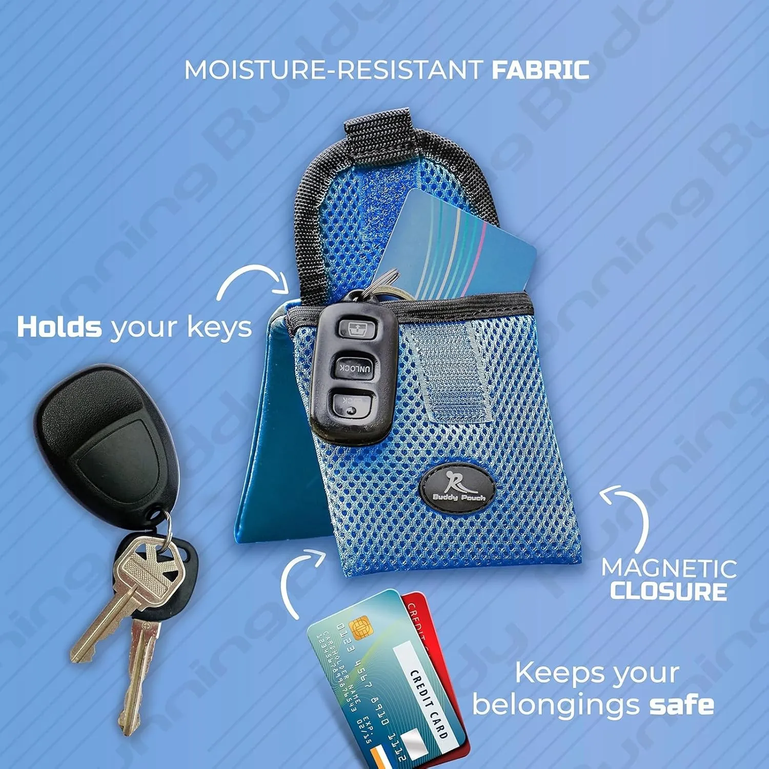 Running Buddy Magnetic Buddy Pouch - Mini | Beltless, Chafe & Bounce Free | Water-Resistant & Magnetic Closure | For Running, Walking, Traveling & More | For Men & Women | 3-3/4” Long x 4” Wide | Blue