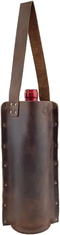 Rustic Leather Single Wine Carrier For Standard 750ml Bordeaux Bottle :: Espresso