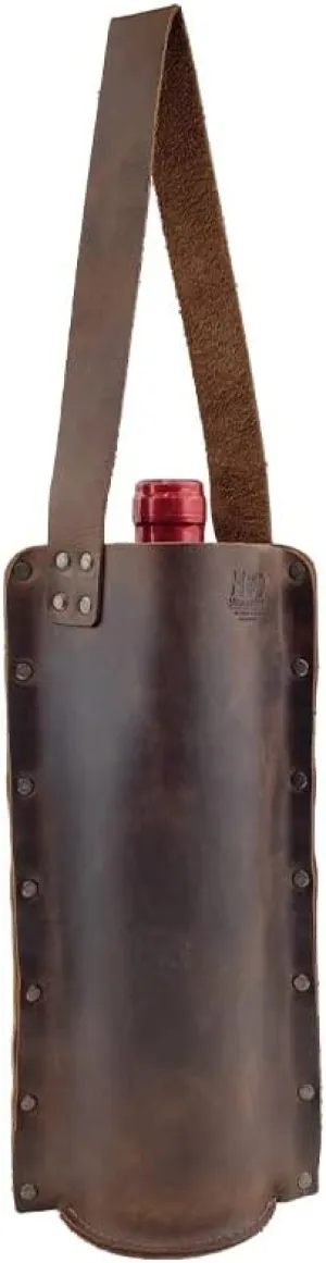 Rustic Leather Single Wine Carrier For Standard 750ml Bordeaux Bottle :: Espresso